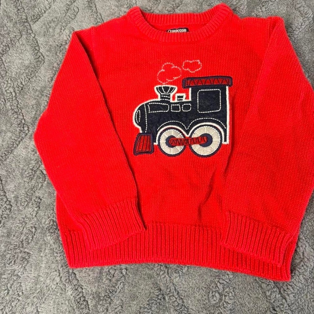 'Red OshKosh B'gosh cotton sweater with black train graphic, size 4 toddler